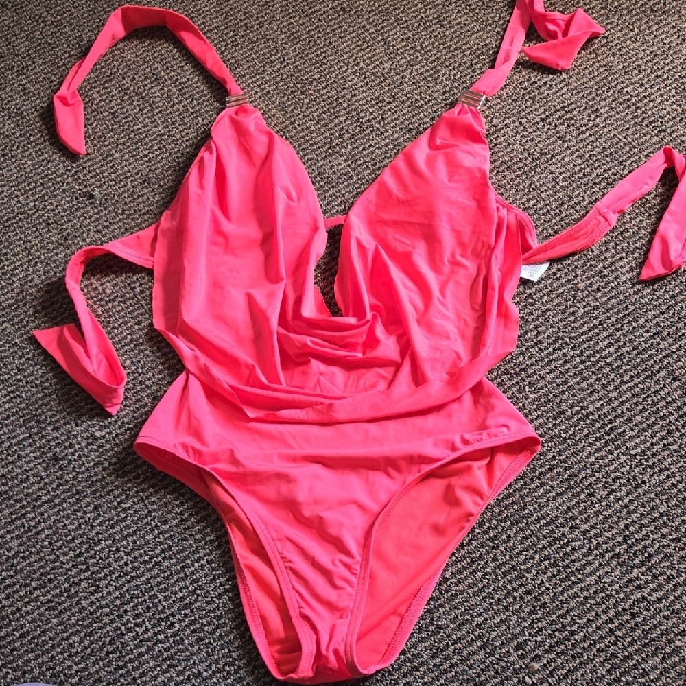 Bar III Strappy Neon Coral Backless Halter Neck One Piece Swimsuit Bathing Suit